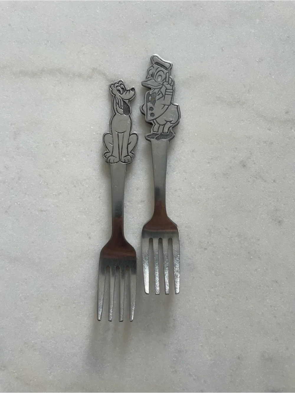 Vintage Disney Kids Donald Pluto Stainless Steel Forks Set of 2, Silver #0219
